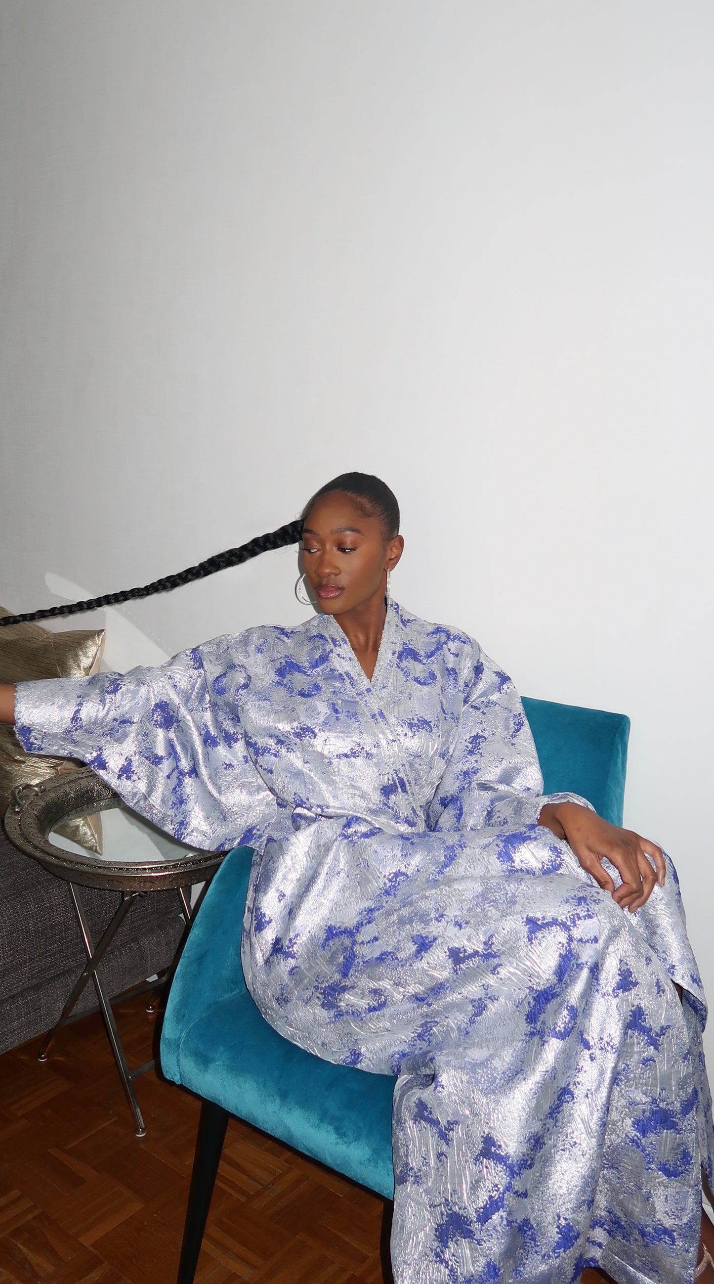 Silver brocade kimono with puffed sleeves