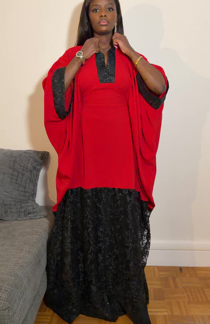 Boubou en crêpe rouge avec sequins noirs